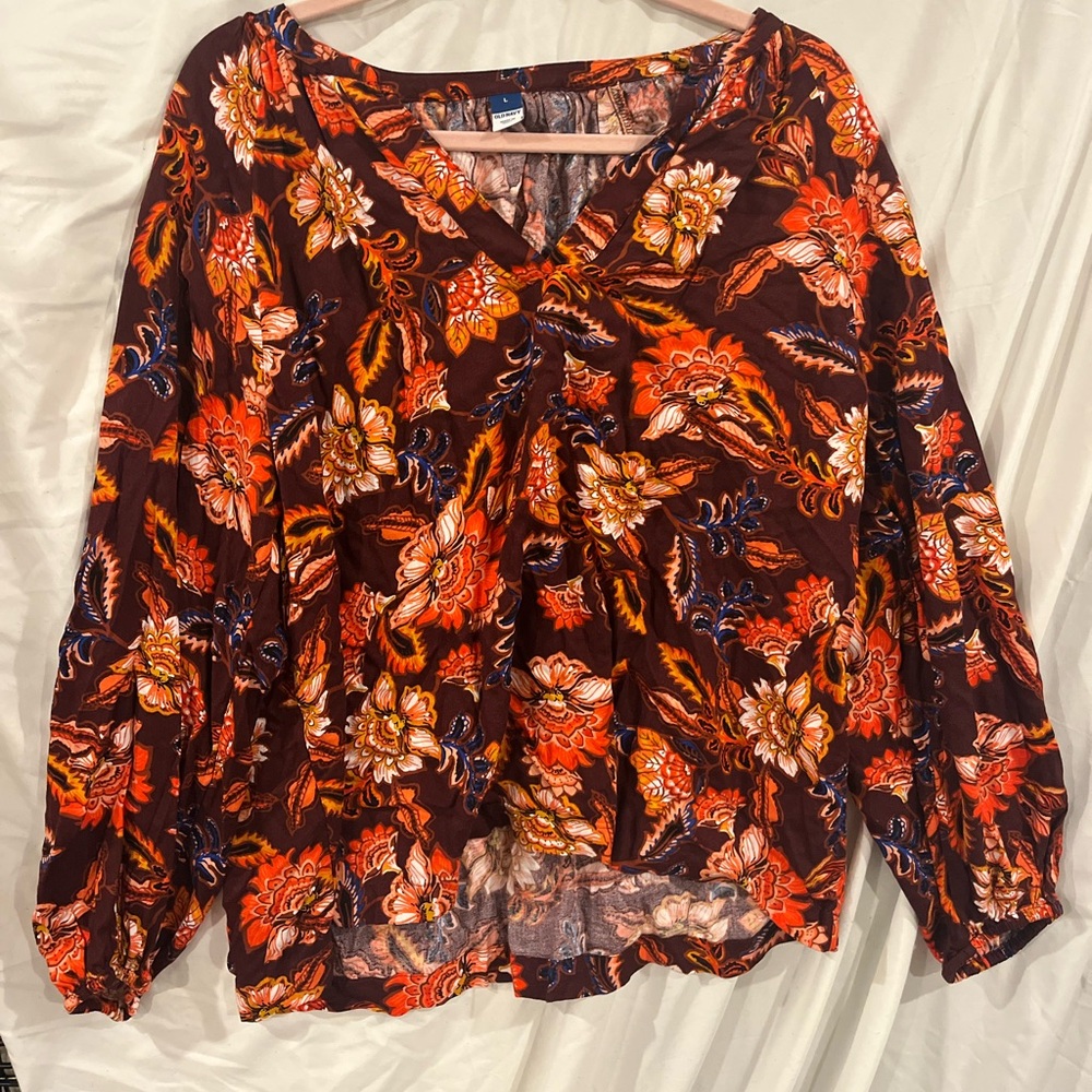 Old Navy Floral V-Neck Blouse - Red and Orange